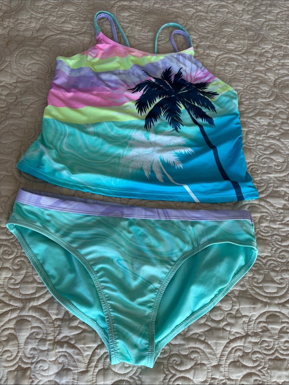 wonder nation Girls Turquoise Teal Pink Purple Palm Tree Tankini Bikini